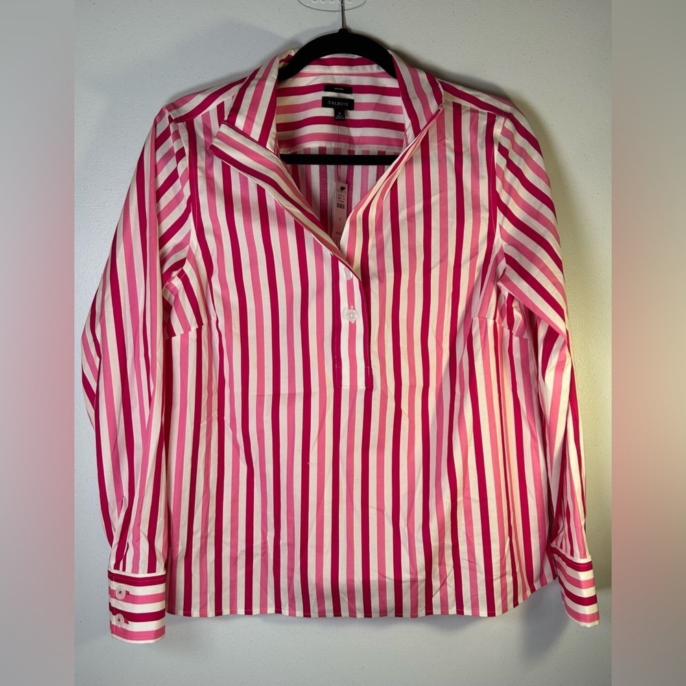 NWT Talbots Red/Pink and White Striped “No Iron” Blouse